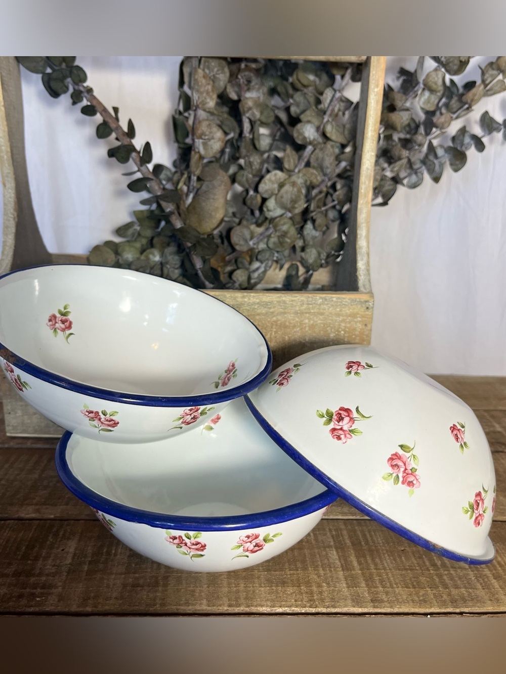 3 Vtg Robert Steffy Bagatelle Enamelware Bowls Shabby Rose Fly Insect Logo